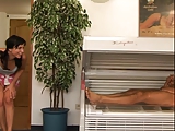 A brunette fuck a man has a tanning bed